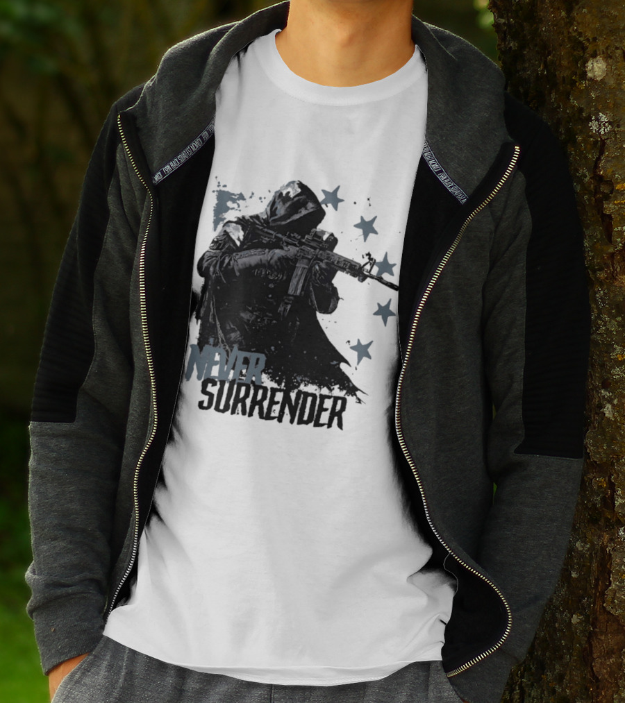 Never Surrender Reaper With Hooded Figure And Rifle T-Shirt
