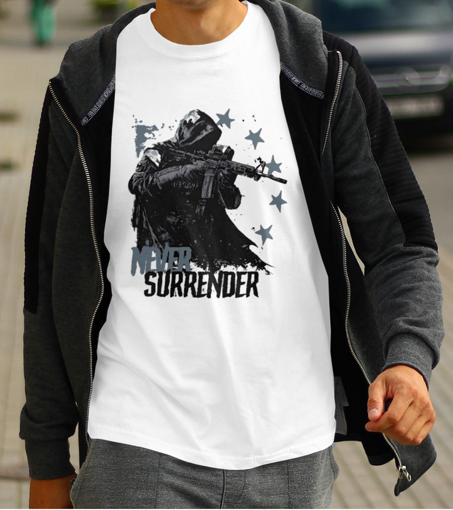 Never Surrender Reaper With Hooded Figure And Rifle T-Shirt