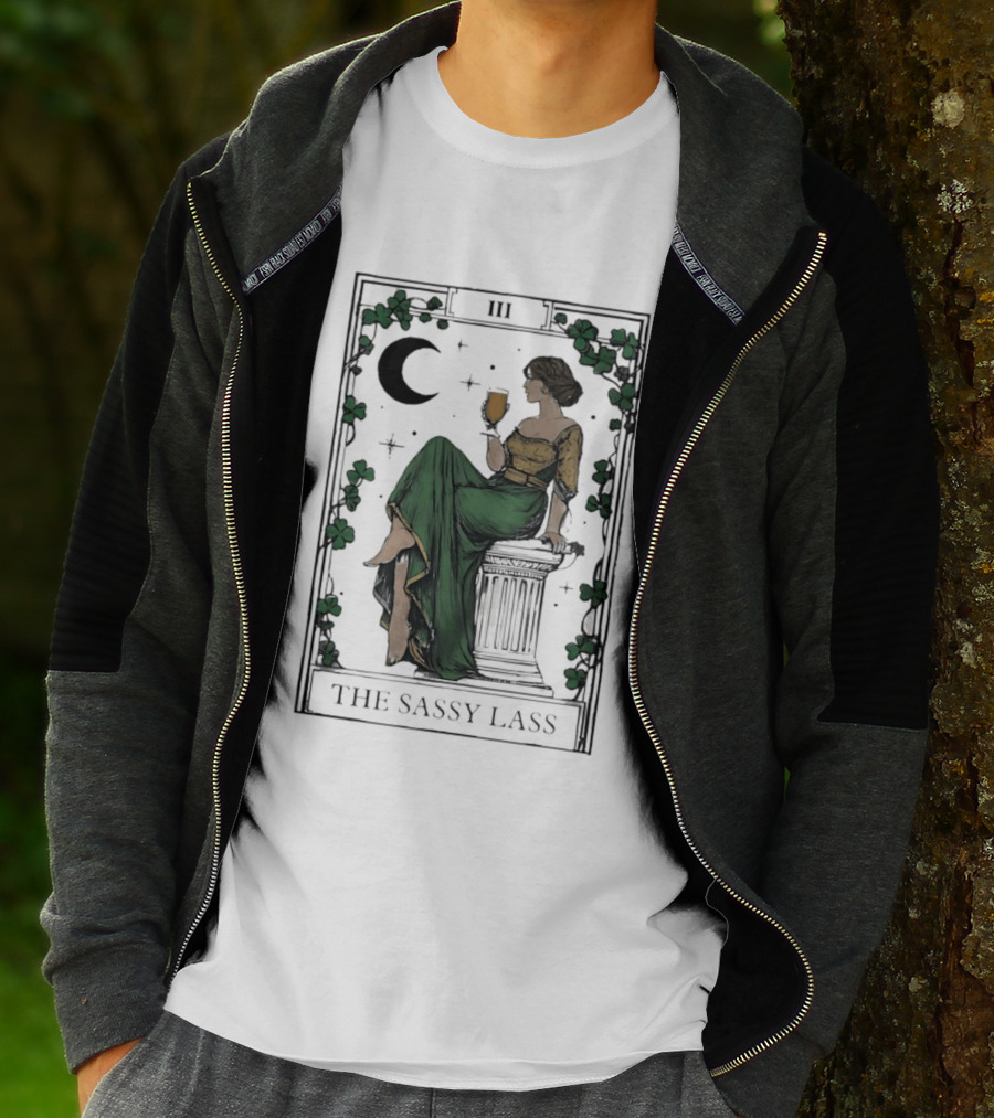 St Patrick's Day The Sassy Lass Tarot Card III Moon Clover T-Shirt