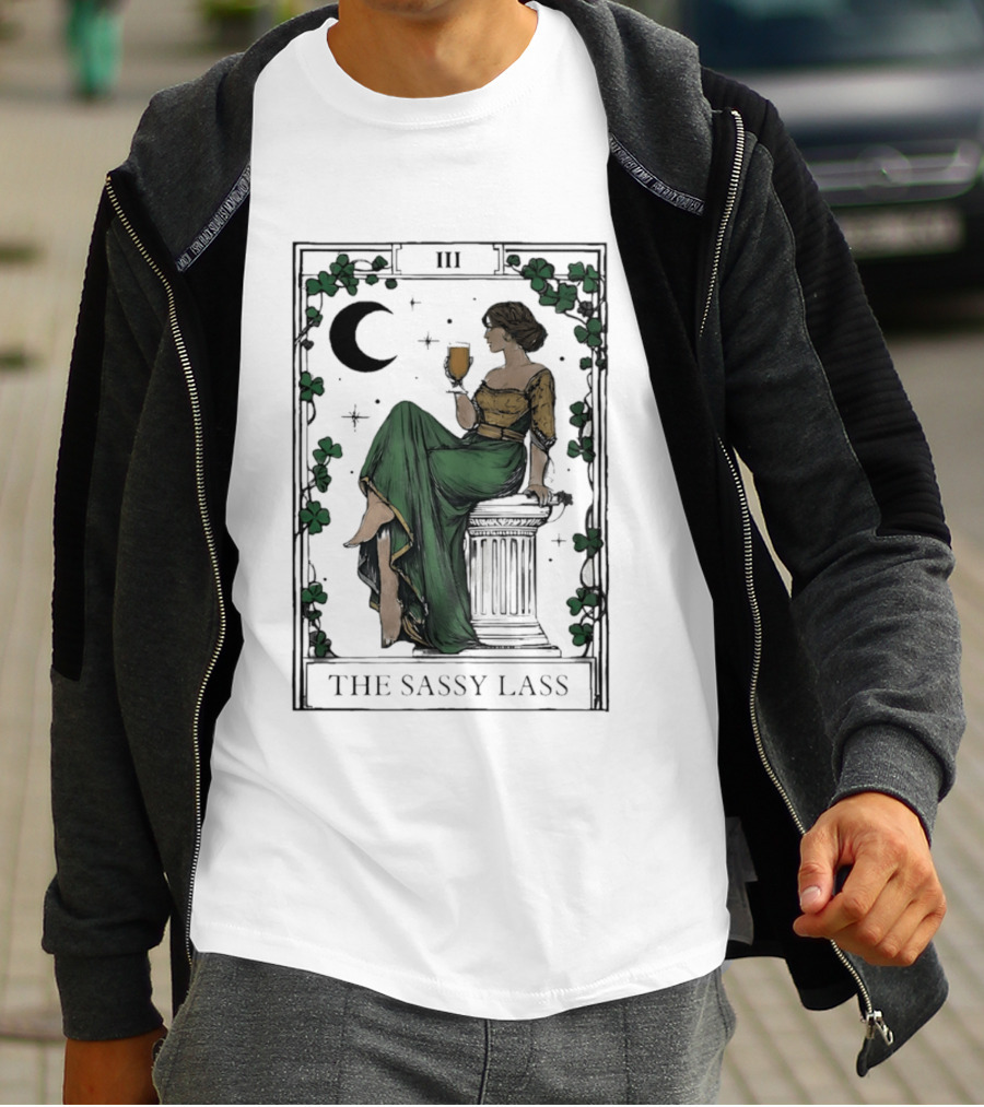 St Patrick's Day The Sassy Lass Tarot Card III Moon Clover T-Shirt