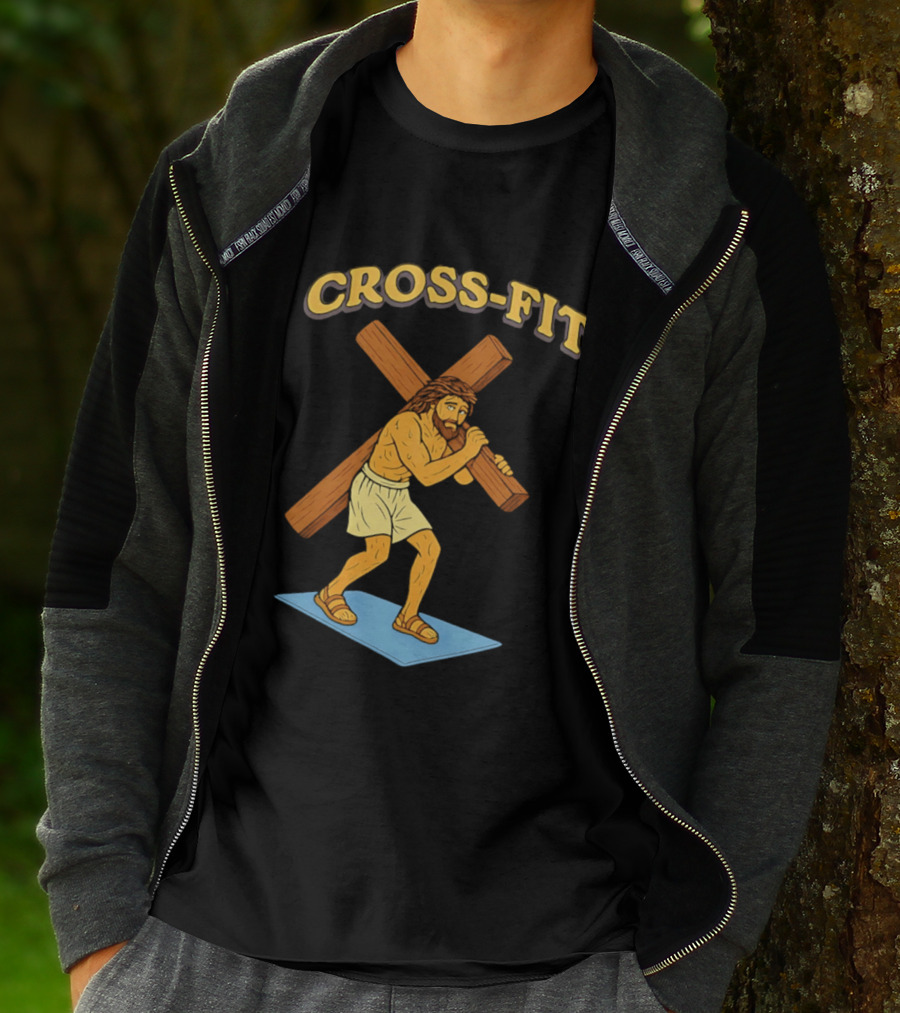 Cross Fit Jesus Cartoon Carrying Cross T-Shirt