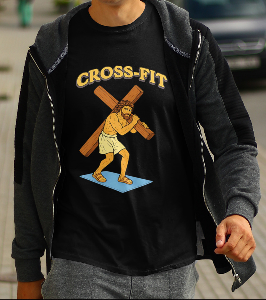 Cross Fit Jesus Cartoon Carrying Cross T-Shirt