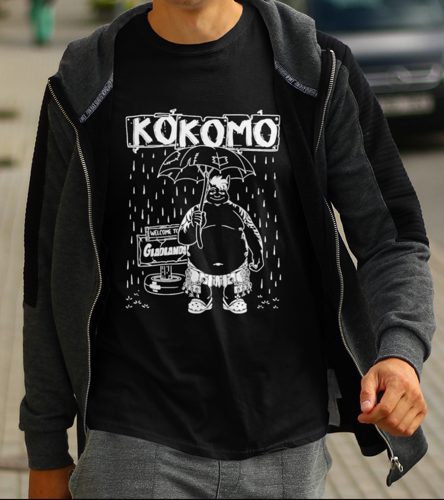 KoKomo Welcome To Gladlands Umbrella Character In Rain Scene T-Shirt