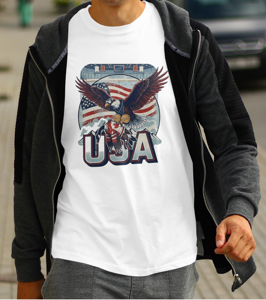 USA Hockey Eagle 1980 2026 American Flag Ice Rink T-Shirt