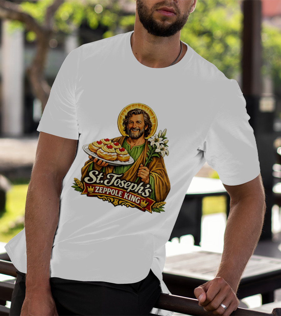 St Joseph's Zeppole King Saint Holding Tray With Flowers T-Shirt