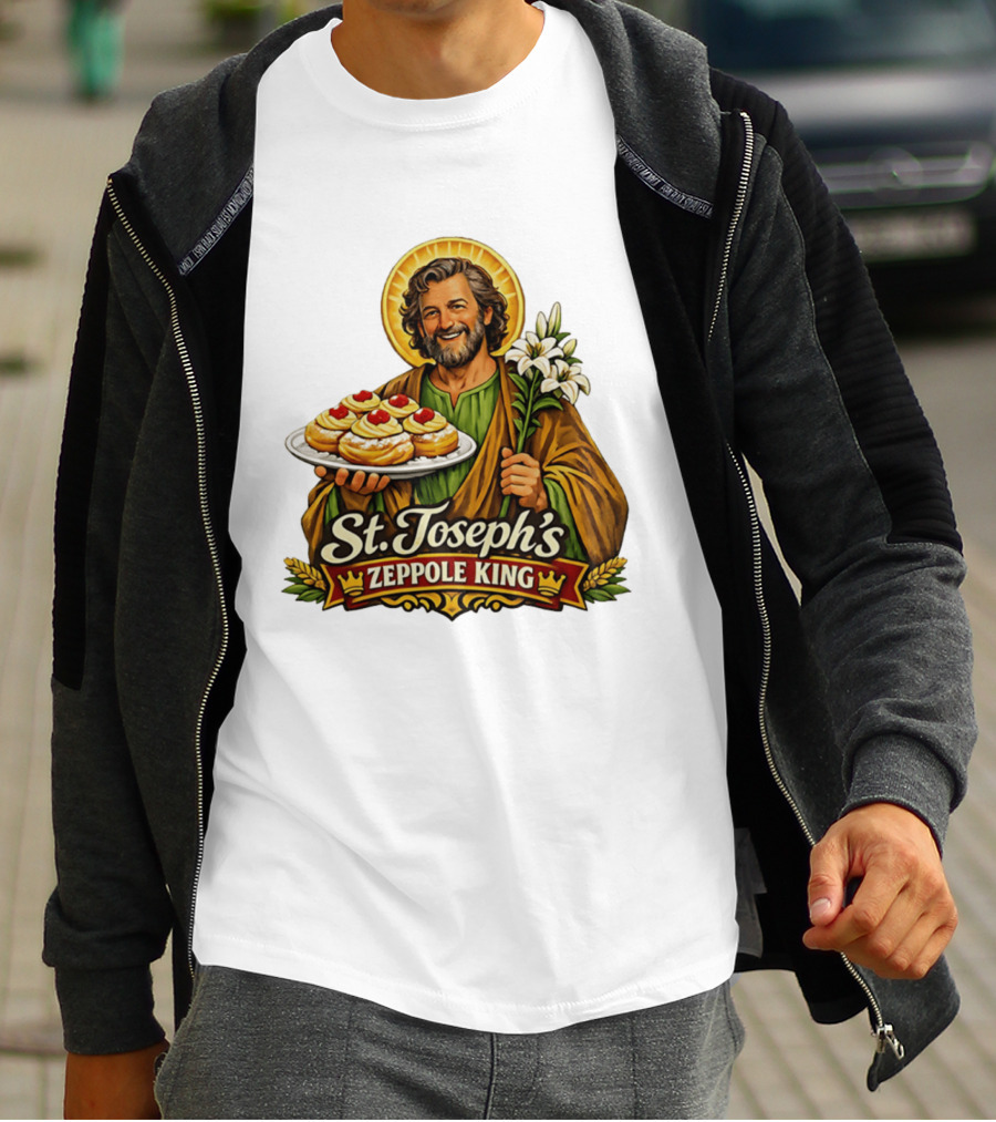 St Joseph's Zeppole King Saint Holding Tray With Flowers T-Shirt