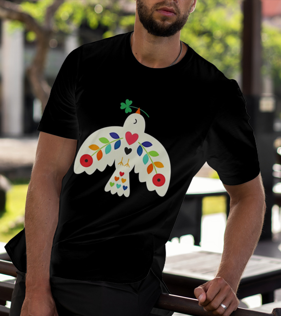Luck Peace Love Dove With Shamrock And Colorful Hearts T-Shirt