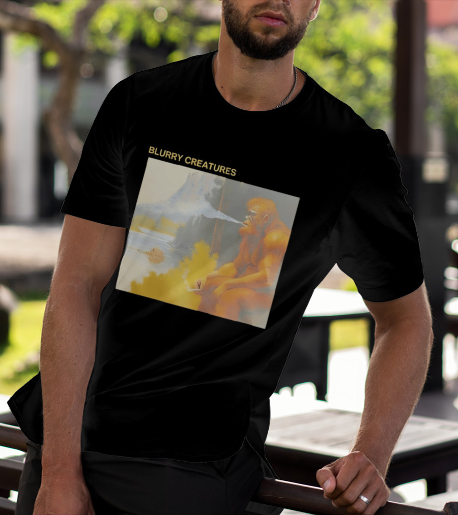 Bigfoot Blurry Creatures Smoking By Lake Mountain Scene T-Shirt