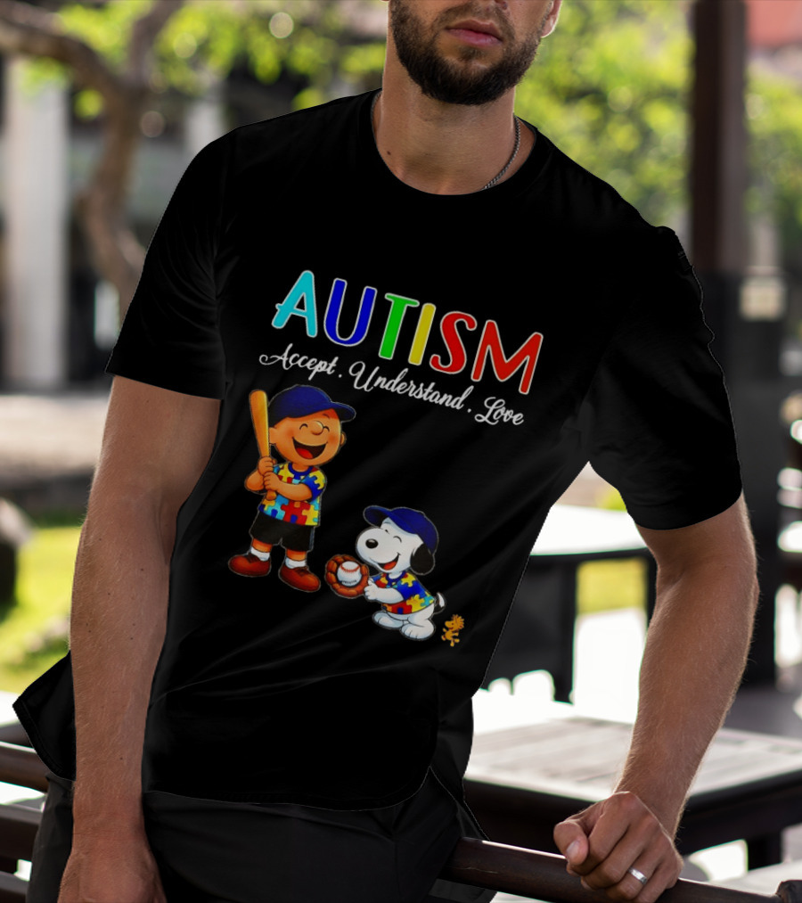 Charlie Brown Snoopy Peanuts Autism Accept Understand Love Baseball Puzzle T-Shirt