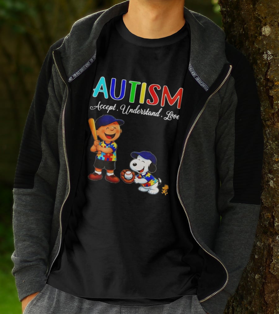Charlie Brown Snoopy Peanuts Autism Accept Understand Love Baseball Puzzle T-Shirt