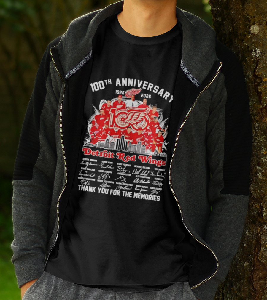 Detroit Red Wings 100th Anniversary 1926 2026 Thank You For The Memories Player Skyline T-Shirt