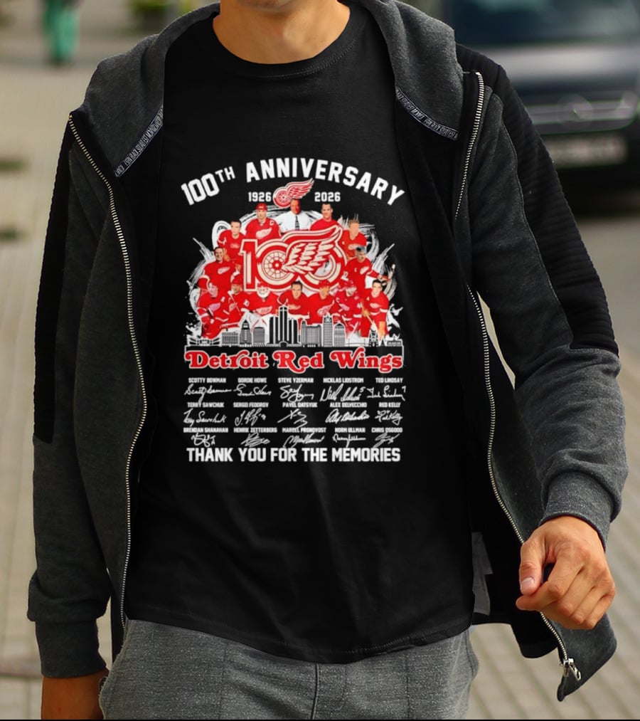 Detroit Red Wings 100th Anniversary 1926 2026 Thank You For The Memories Player Skyline T-Shirt