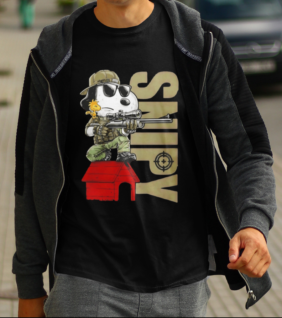 Snoopy Sniper Woodstock Camouflage Doghouse Target T-Shirt