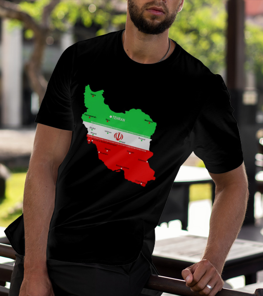 Iran Map With Flag Tehran Tabriz Mashhad Esfahan Shiraz Yazd Cities T-Shirt