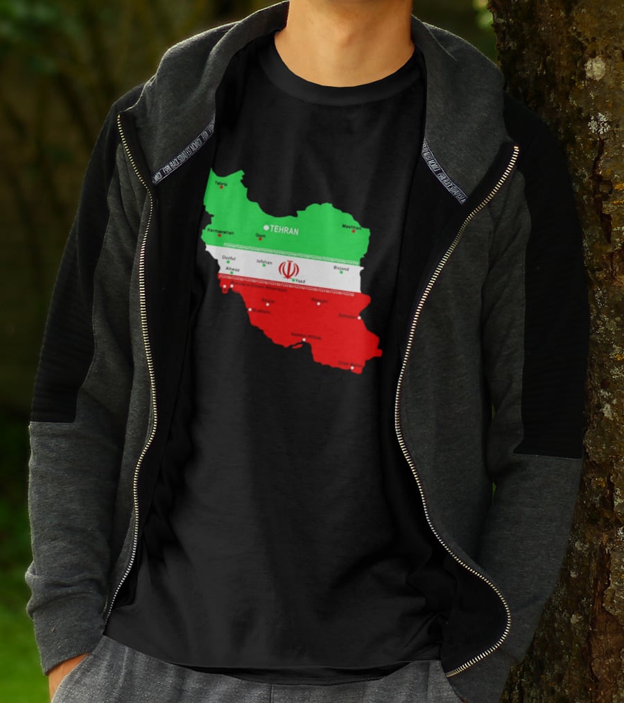 Iran Map With Flag Tehran Tabriz Mashhad Esfahan Shiraz Yazd Cities T-Shirt