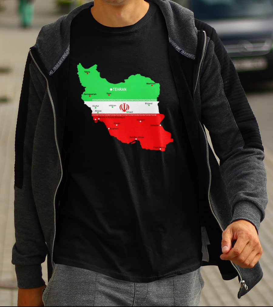Iran Map With Flag Tehran Tabriz Mashhad Esfahan Shiraz Yazd Cities T-Shirt