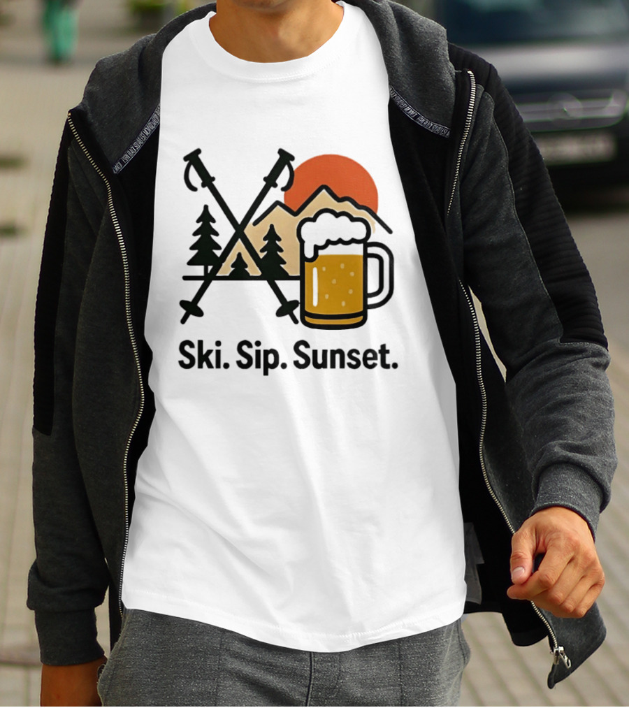 Ski Sip Sunset Mountain Beer Adventure T-Shirt