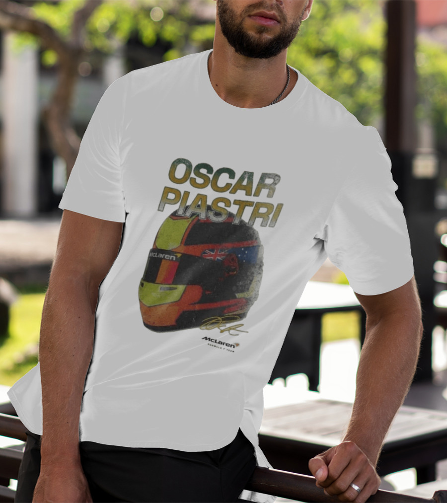 Oscar Piastri McLaren Racing Helmet Flag Signature T-Shirt