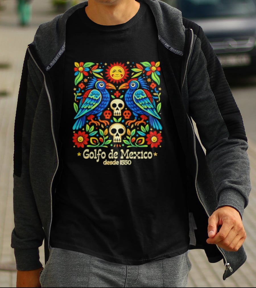 Golfo De Mexico Desde 1900 Colorful Birds And Skulls Floral T-Shirt