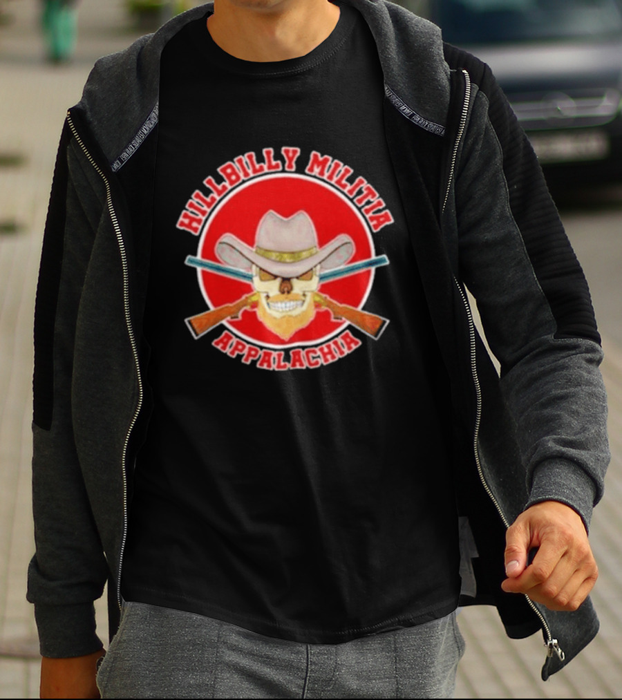 Hillbilly Militia Appalachia Skull Cowboy Hat Rifles Red Circle T-Shirt