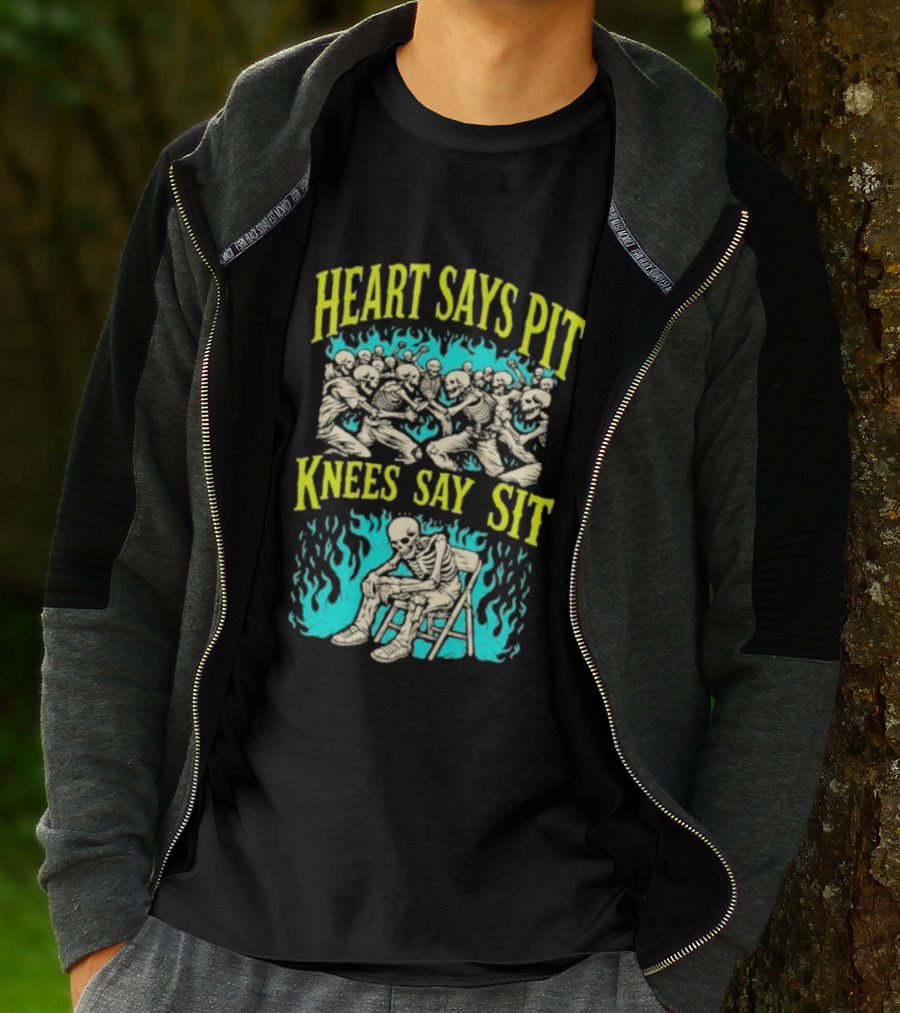 Skeletons Heart Says Pit Knees Say Sit Music Festival Mosh Pit Humor T-Shirt