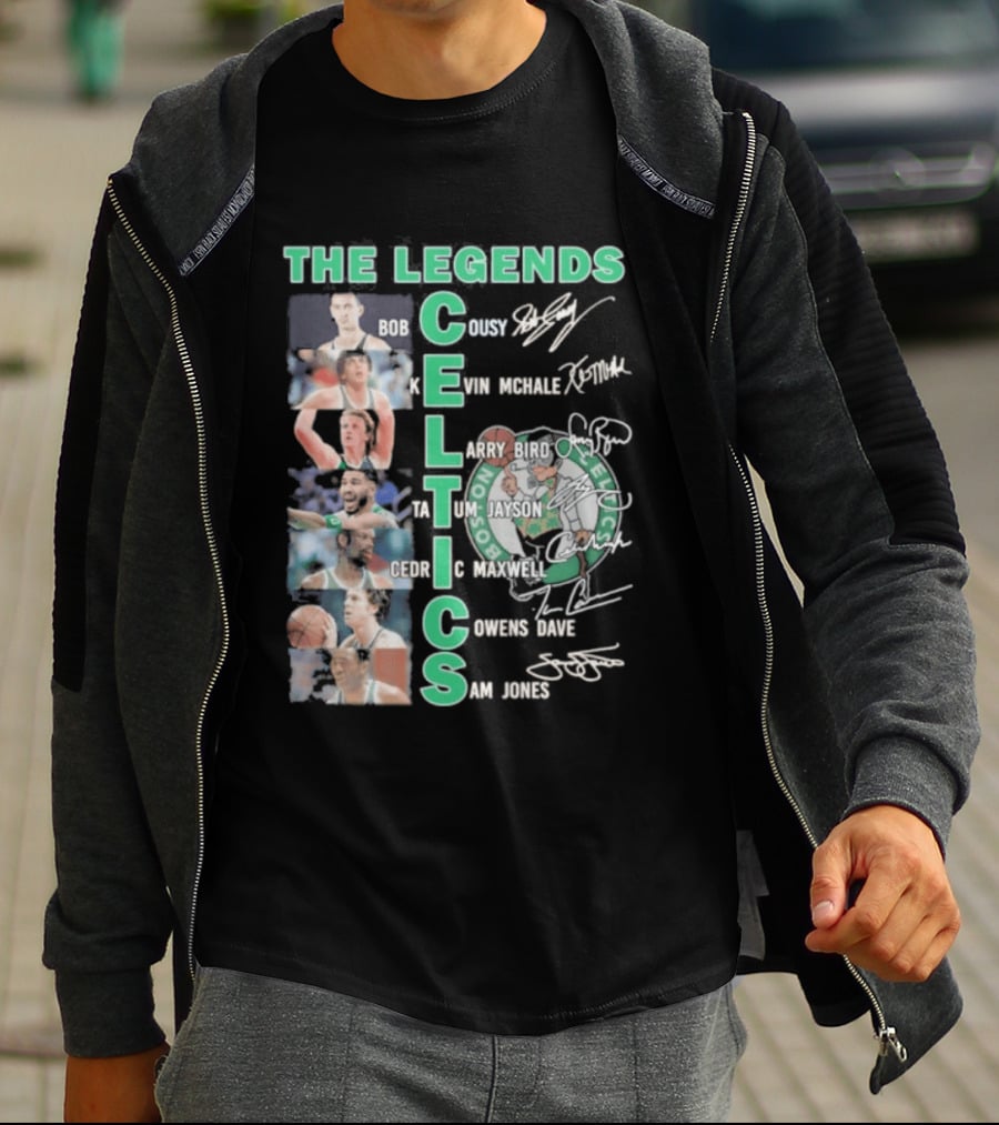 The Legends Boston Celtics Players Bob Cousy Kevin McHale Larry Bird Cedric Maxwell Dave Cowens Sam Jones T-Shirt
