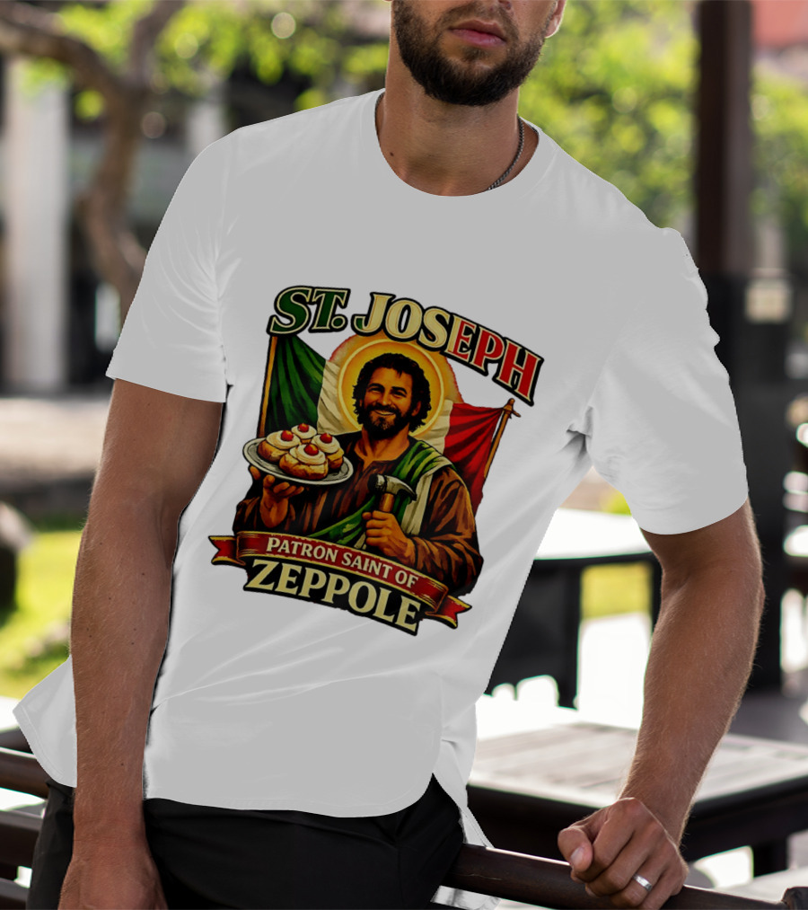 St. Joseph Patron Saint Of Zeppole With Italian Flag Icon And Halo Providing Hammer And Pastries T-Shirt