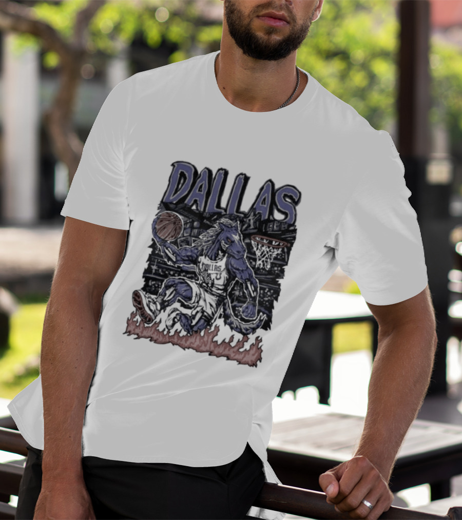 Dallas Mavericks Champ Cartoon Basketball Player Fire Hoops T-Shirt