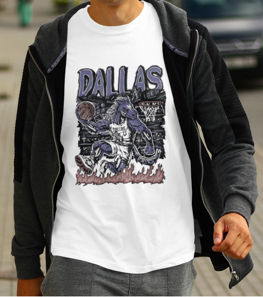 Dallas Mavericks Champ Cartoon Basketball Player Fire Hoops T-Shirt