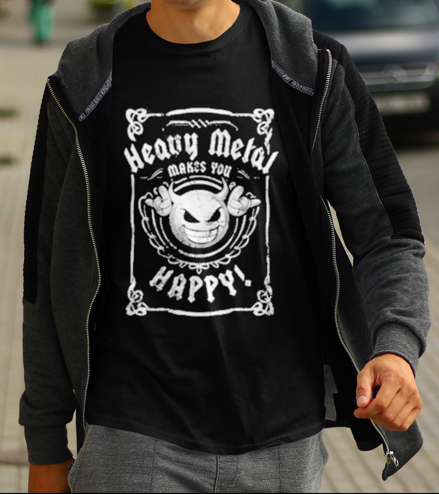 Heavy Metal Makes You Happy Smiling Devil Horns T-Shirt