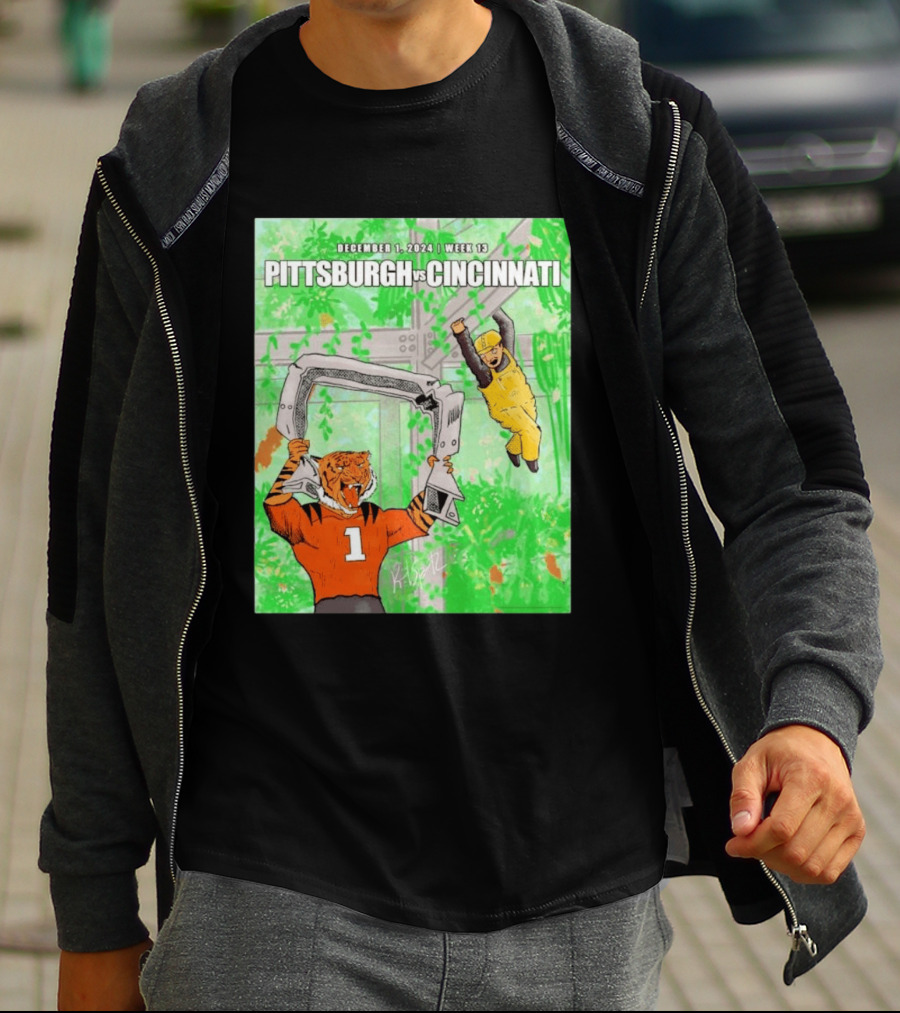 Pittsburgh Steelers Vs Cincinnati Bengals December 1 2024 Week 13 Cartoon Tiger And Construction Worker Jungle Showdown T-Shirt