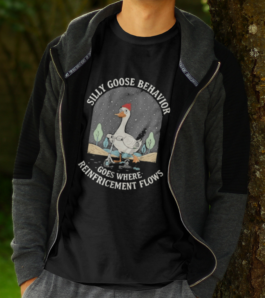 Silly Goose Behavior Goes Where Reinforcement Flows Goose Cartoon In Red Beanie Under Night Sky T-Shirt