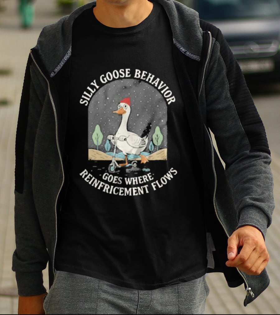 Silly Goose Behavior Goes Where Reinforcement Flows Goose Cartoon In Red Beanie Under Night Sky T-Shirt