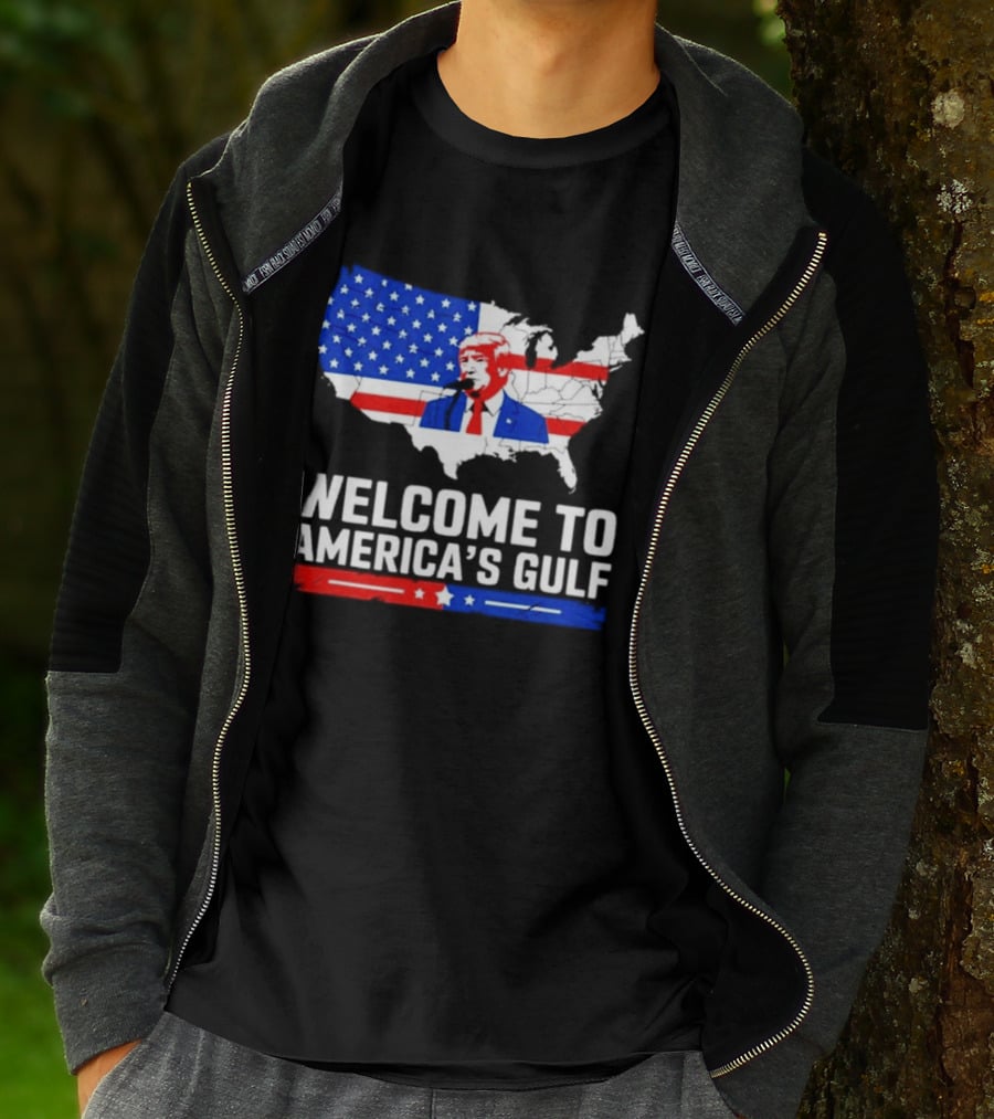Welcome To America's Gulf Patriotic Map Featuring Trump And Stars And Stripes T-Shirt