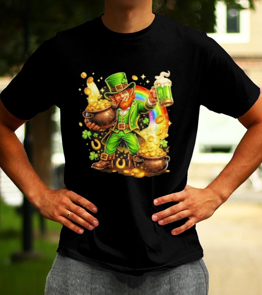 St Patricks Day Irish Leprechaun Cheers With Pot Of Gold And Rainbow Luck T-Shirt