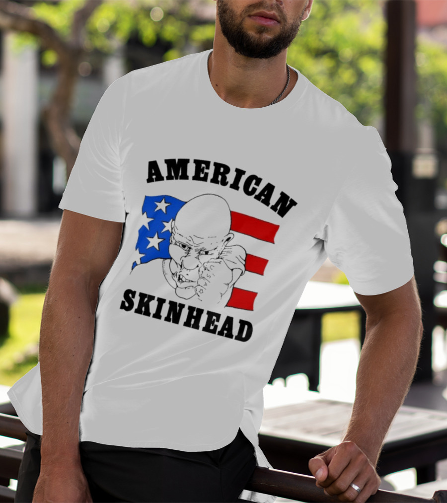 American Skinhead USA Bald Character With Flag Stars And Stripes T-Shirt