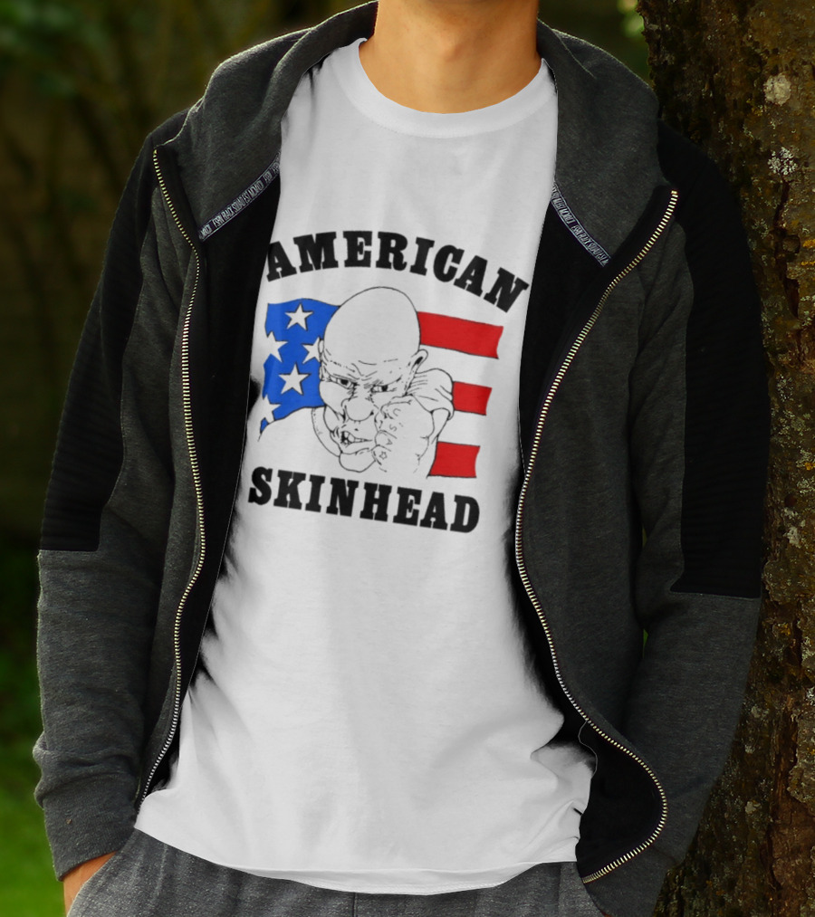 American Skinhead USA Bald Character With Flag Stars And Stripes T-Shirt