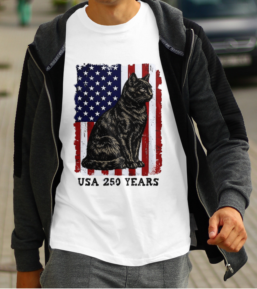 USA 250 Years Liberty Cat American Flag T-Shirt