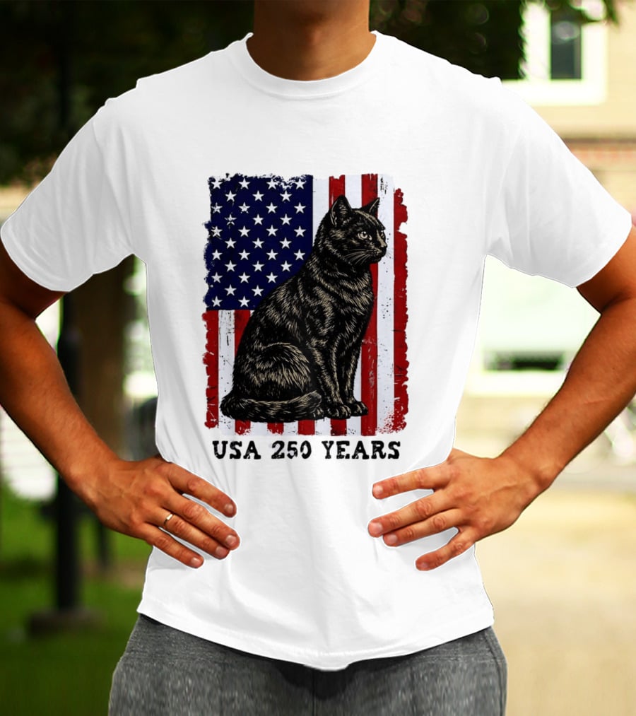 USA 250 Years Liberty Cat American Flag T-Shirt