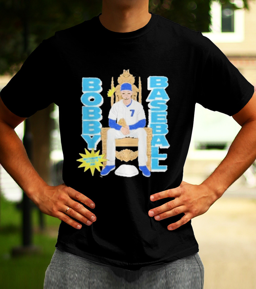 Bobby Baseball Throne Number 7 Blue Cap Batting Glove T-Shirt
