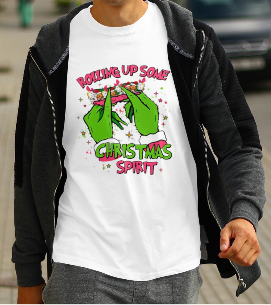 Grinch Rolling Up Some Christmas Spirit With Green Hands And Glitter Stars T-Shirt