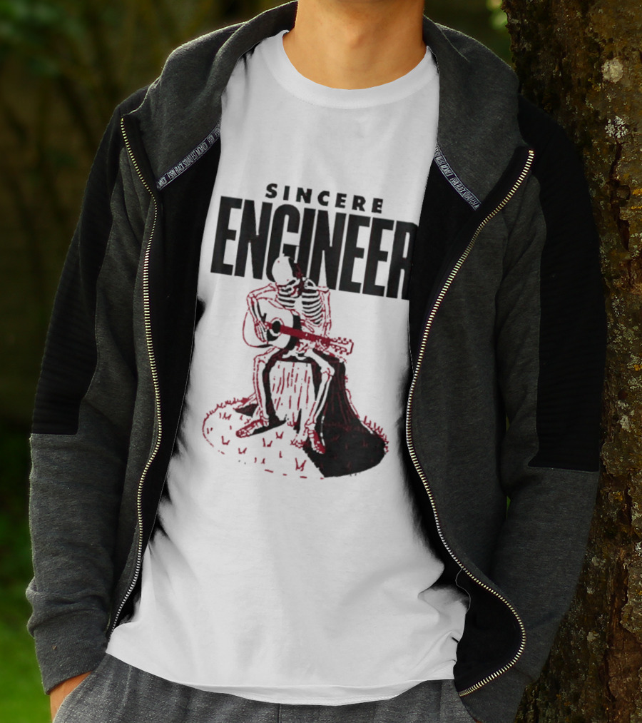 Sincere Engineer Skeleton Playing Guitar On Tree Stump T-Shirt