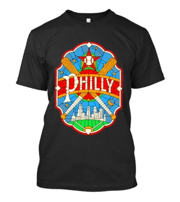 Philadelphia Phillies Stained Glass Philly Skyline Baseball Star Bats T-Shirt