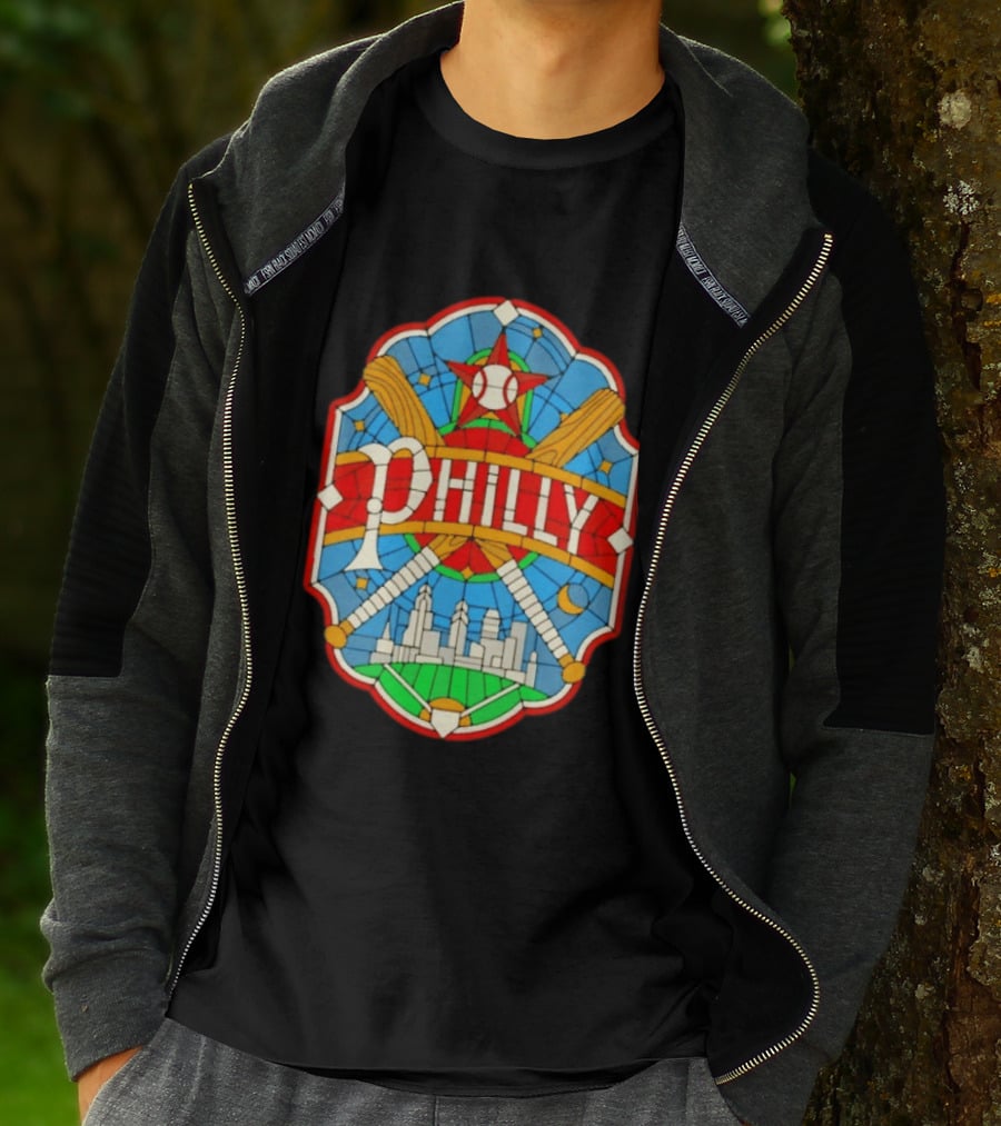Philadelphia Phillies Stained Glass Philly Skyline Baseball Star Bats T-Shirt