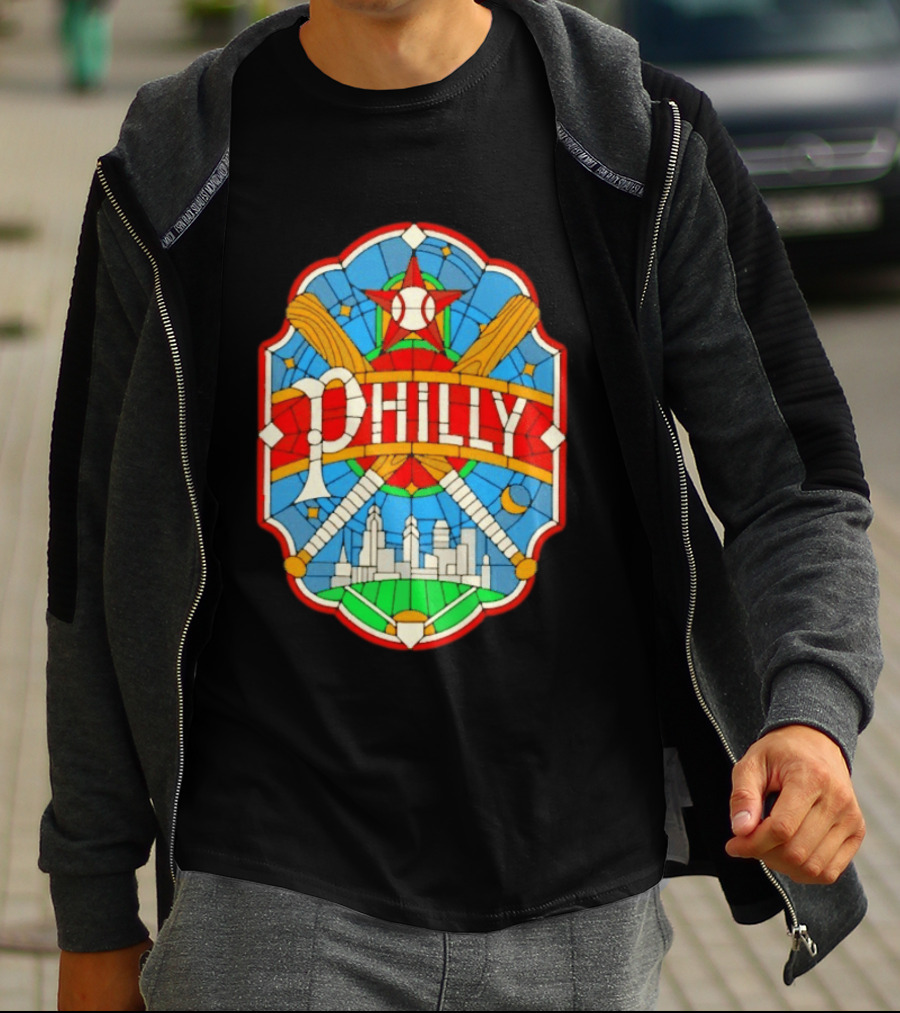 Philadelphia Phillies Stained Glass Philly Skyline Baseball Star Bats T-Shirt
