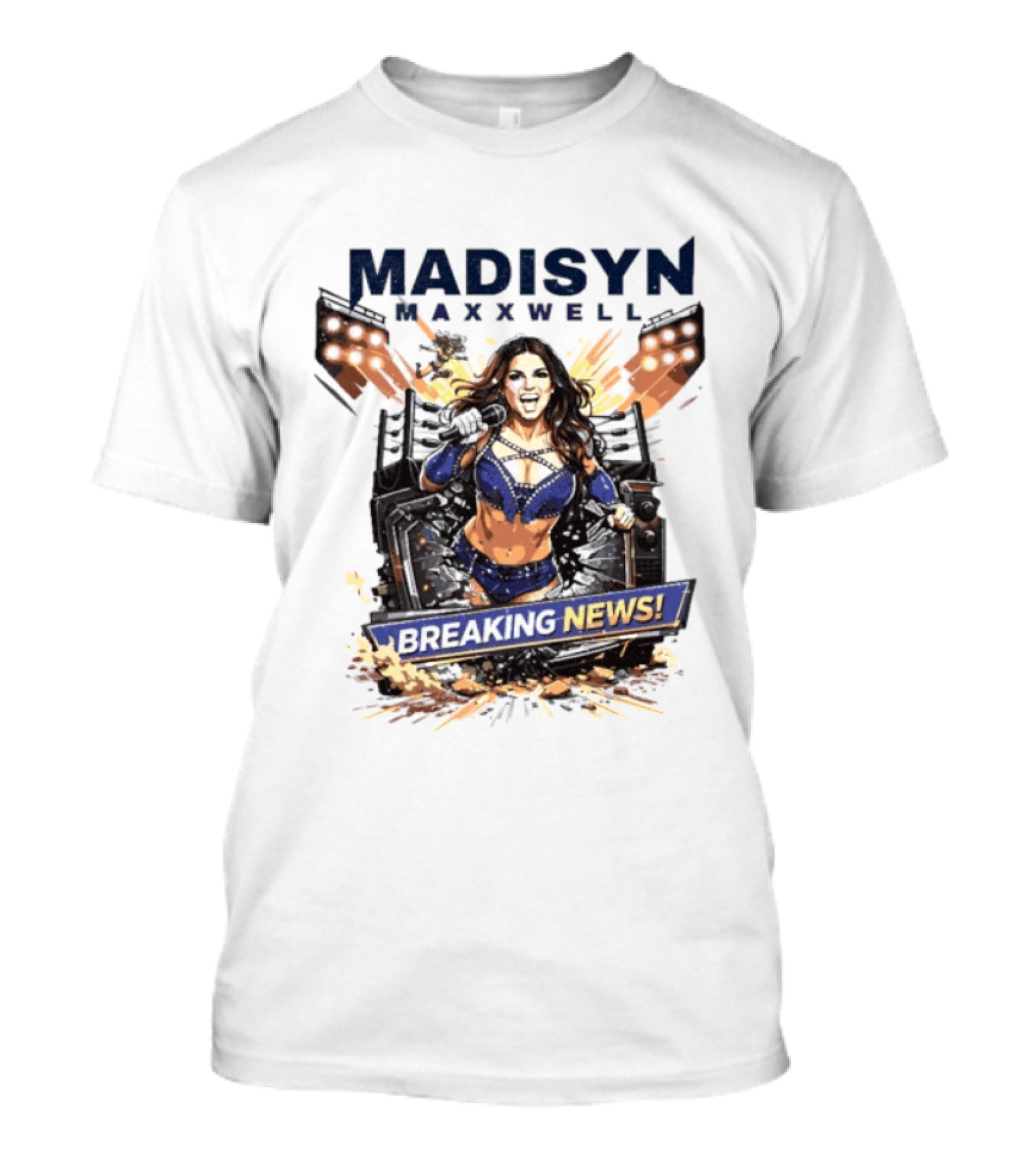 Madisyn Maxxwell Breaking News Dynamic Character Artwork Explosion T-Shirt