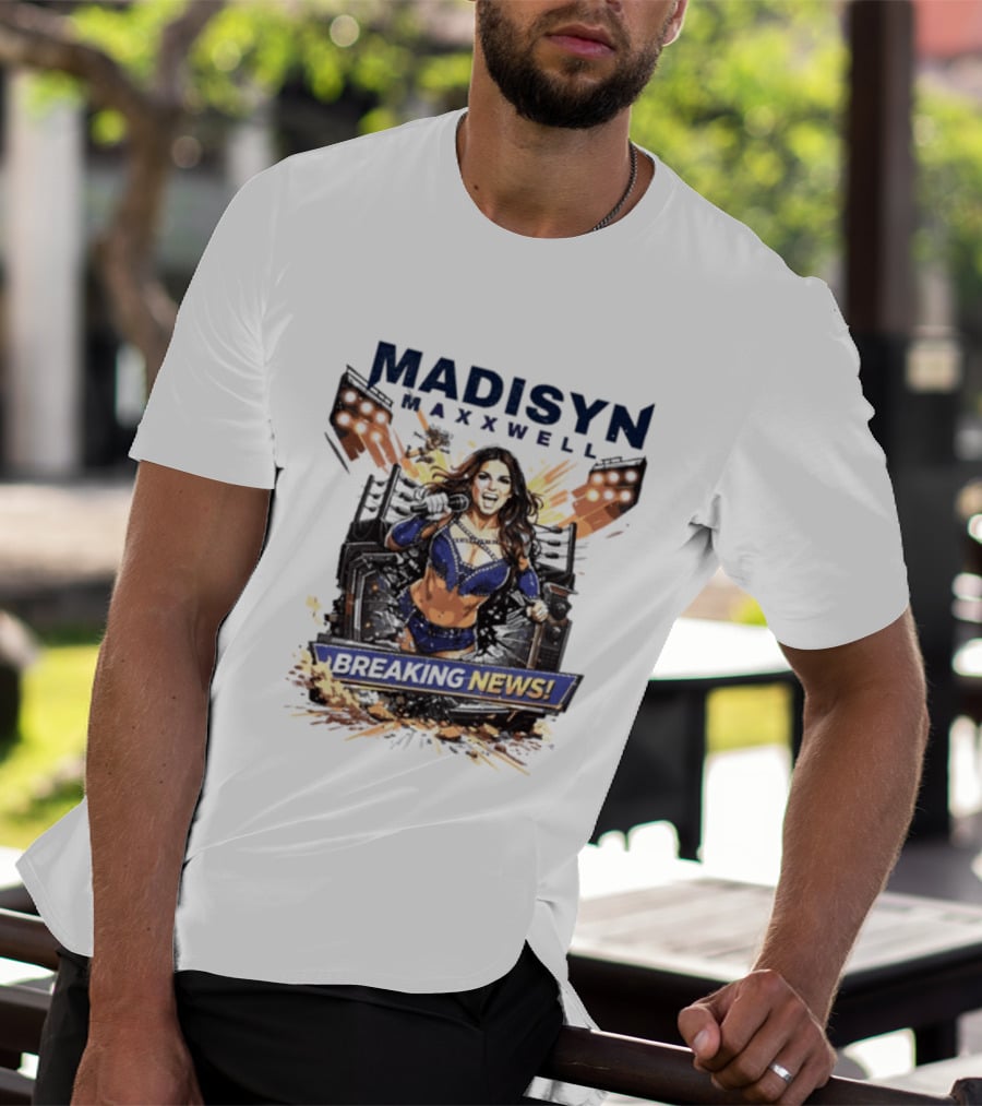 Madisyn Maxxwell Breaking News Dynamic Character Artwork Explosion T-Shirt