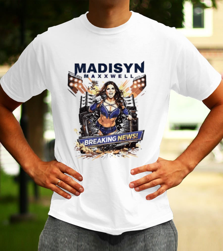 Madisyn Maxxwell Breaking News Dynamic Character Artwork Explosion T-Shirt