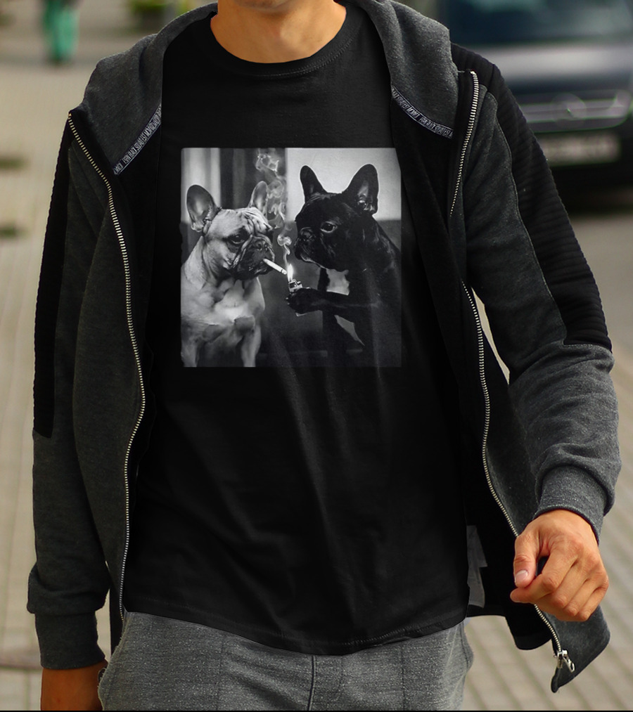 Frenchie Buddies French Bulldog Smoking Cigarette Meme Black And White Humor Duo T-Shirt