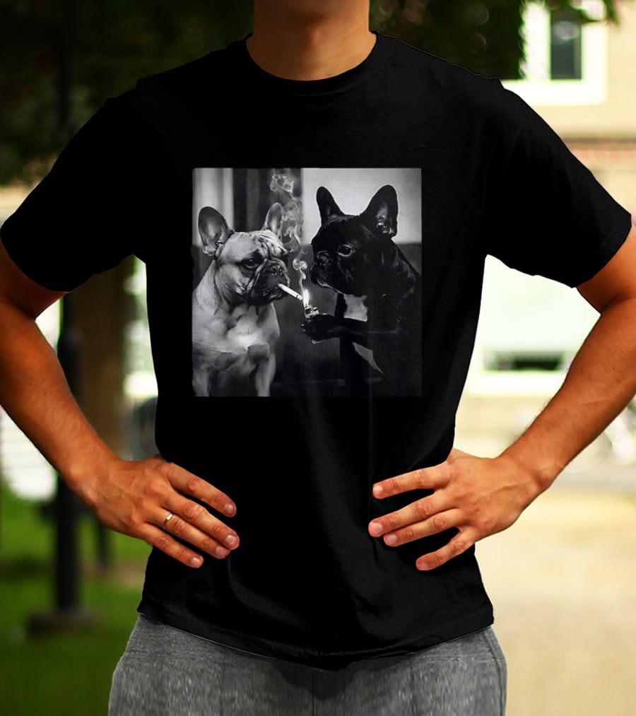 Frenchie Buddies French Bulldog Smoking Cigarette Meme Black And White Humor Duo T-Shirt